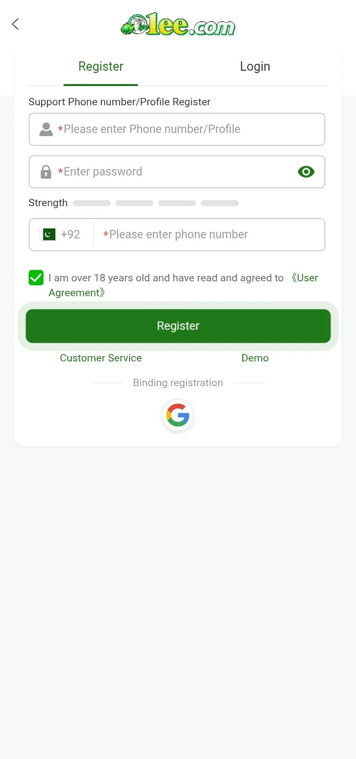 Register on 1EE Game - Registration Form Screen